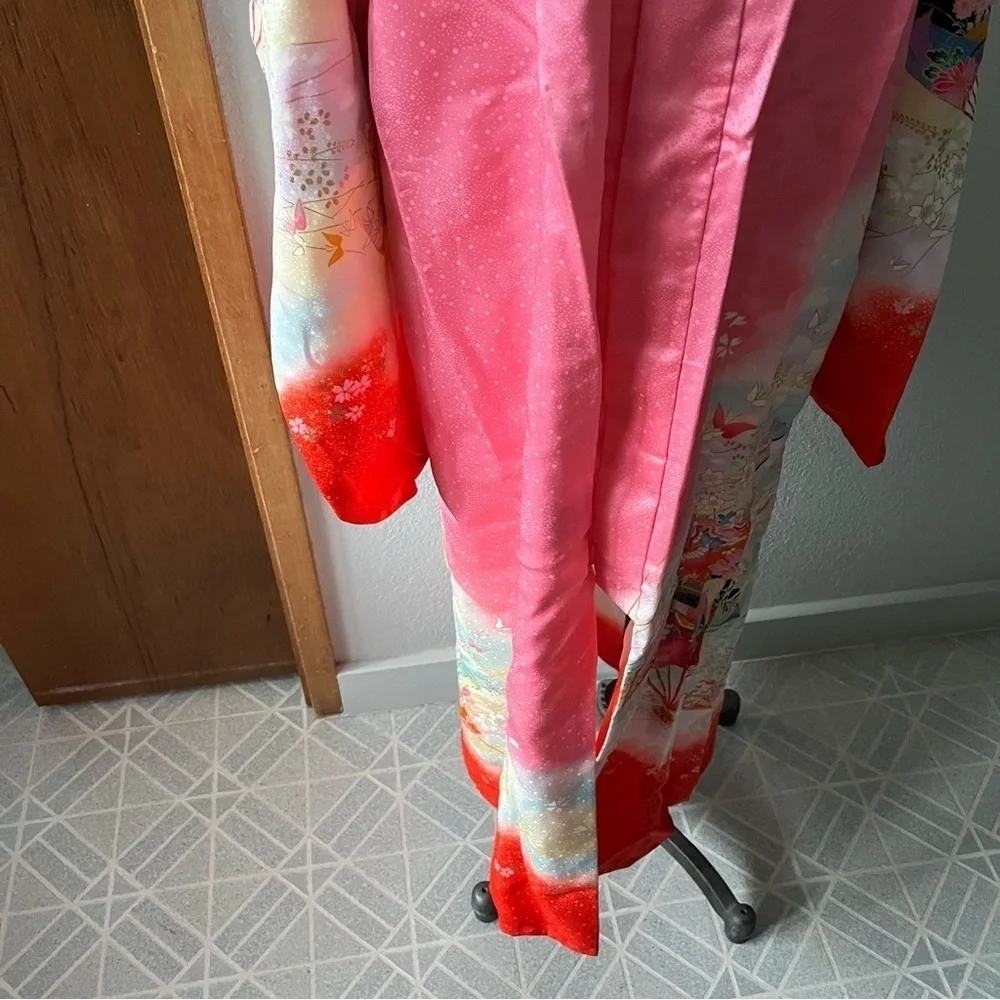 VINTAGE Girl's Pink Kimono Butterflies Flowers Ombre w/ Orange Tie - Picture 15 of 16